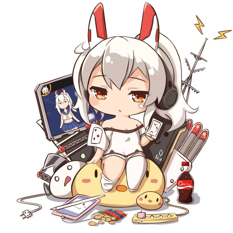 ame. ayanami_(azur_lane) azur_lane bag_of_chips bangs bare_shoulders blush bottle breasts brown_eyes cellphone chibi chips cleavage cola commentary_request eyebrows_visible_through_hair food grey_hair high_ponytail lightning_bolt long_hair medium_breasts off-shoulder_shirt parted_lips phone ponytail potato_chips shirt short_sleeves sitting smartphone solo stylus thighhighs thighhighs_pull torpedo white_background white_legwear white_shirt