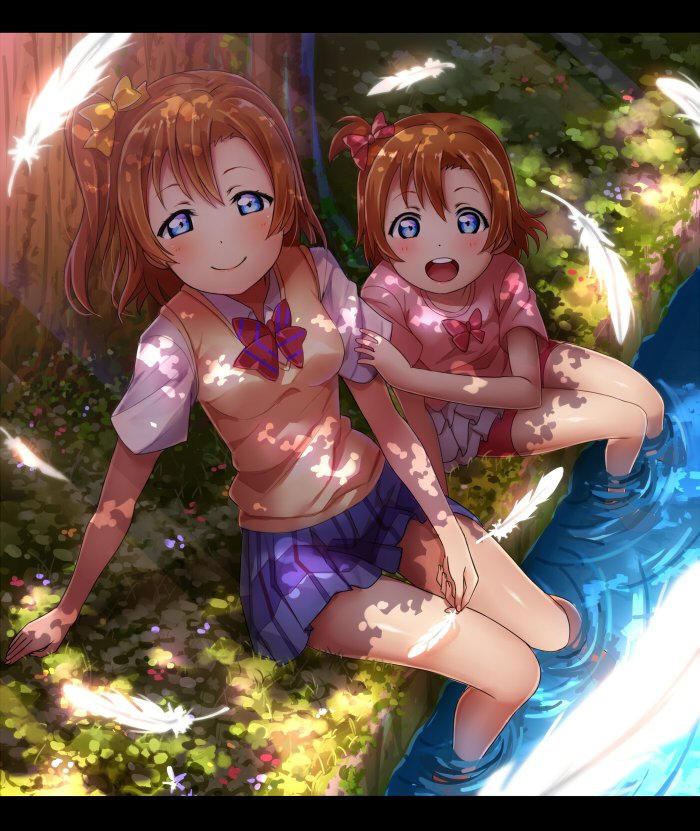 blue_eyes blue_skirt bow brown_hair commentary dappled_sunlight feathers hair_bow hand_on_another's_arm kousaka_honoka letterboxed looking_at_viewer love_live! love_live!_school_idol_project multiple_girls one_side_up open_mouth orange_hair otonokizaka_school_uniform pleated_skirt red_bow school_uniform sitting skirt smile soaking_feet stream sunlight usamaru67pi yellow_bow younger