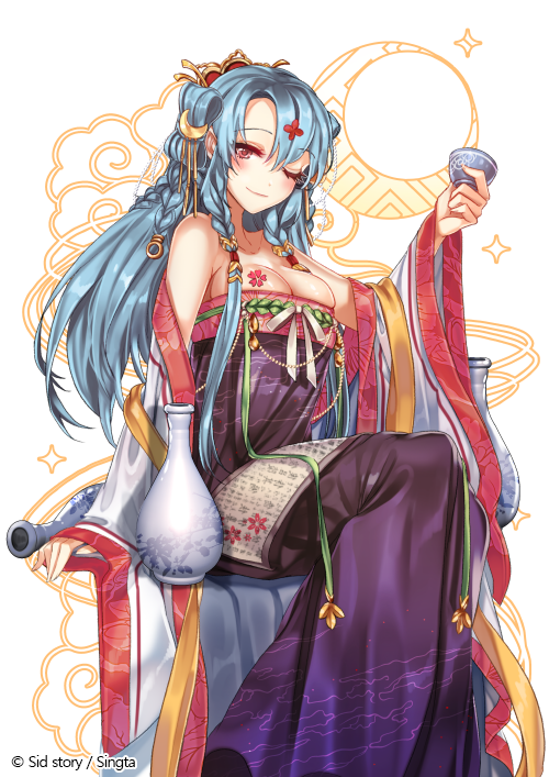 blue_hair bottle braid breasts chinese_clothes copyright_name crescent_moon crown cup dress drunk hair_ornament hanfu interitio medium_breasts moon official_art one_eye_closed print_dress purple_dress red_eyes ribbon scroll sid_story sitting solo tattoo twin_braids white_ribbon