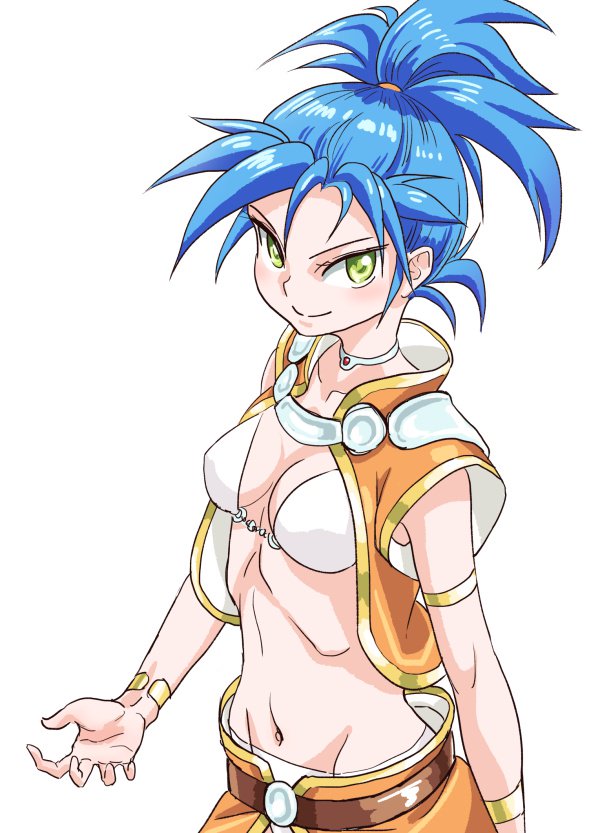 blue_hair bra breasts choker chrono_trigger cleavage covered_nipples groin long_hair medium_breasts midriff navel panties queen_zeal ribs s-a-murai simple_background skinny solo teenage underwear younger