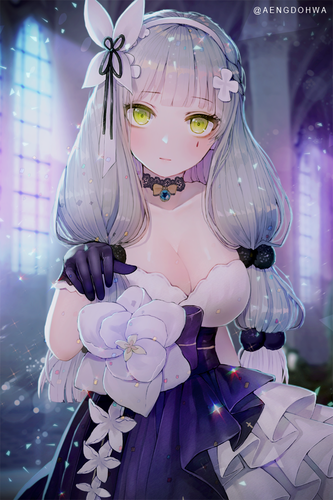 bangs black_gloves black_ribbon blunt_bangs blush breasts choker church cleavage closed_mouth collarbone colored_eyelashes dress eyelashes facial_hair gem girls_frontline gloves green_eyes hairband hanato_(seonoaiko) hand_up hk416_(girls_frontline) indoors lace lace_choker layered_dress lens_flare light_brown_hair long_hair looking_at_viewer medium_breasts multi-tied_hair ribbon silver_hair smile solo twitter_username upper_body very_long_hair white_hairband window