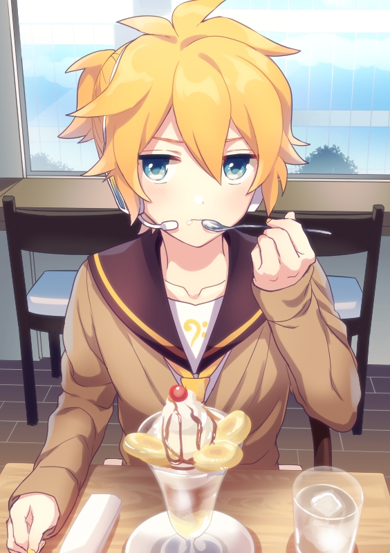akiyoshi_(tama-pete) aqua_eyes blonde_hair blue_eyes food glass headgear headphones ice_cream kagamine_len looking_at_viewer male_focus pout sailor_collar short_ponytail sitting solo spoon sweater sweets table vocaloid