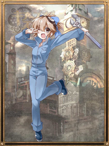 ;d black_footwear blue_bow blue_pants bow breast_pocket brown_eyes brown_hair clock gears hair_bow looking_at_viewer official_art one_eye_closed open_mouth pants pocket pose sanzenkai_no_avatar shinsekai1205 smile standing standing_on_one_leg tower wrench