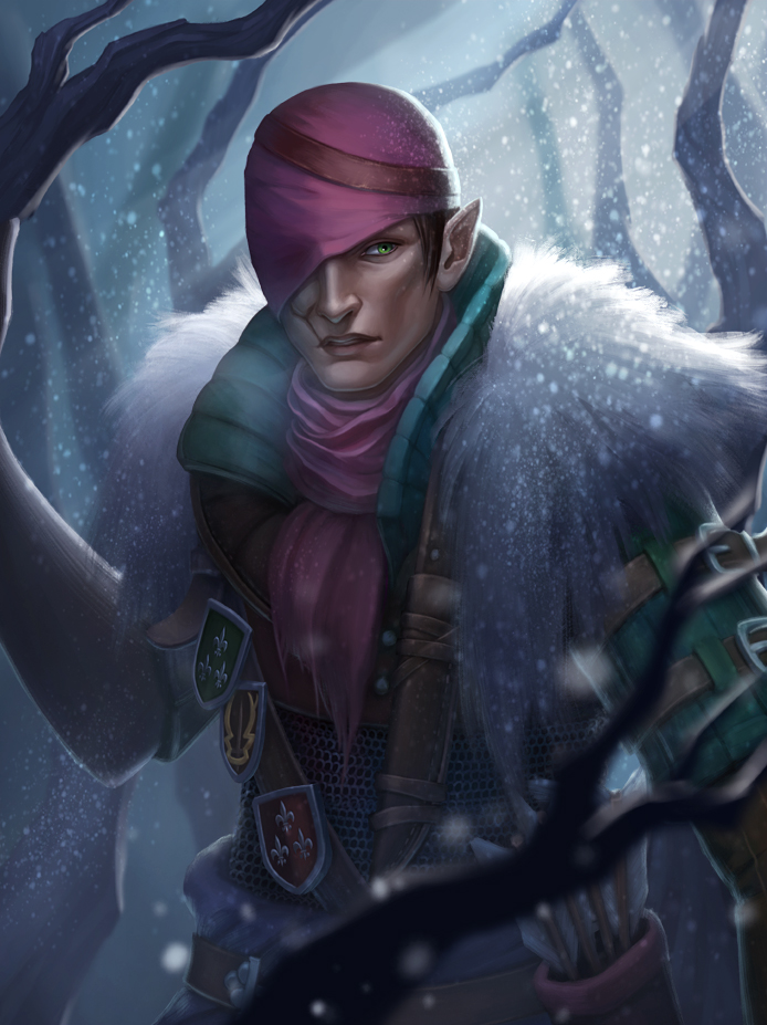 arrow brown_hair fur_trim green_eyes hat iorveth male_focus one_eye_covered open_mouth pointy_ears quiver scar scarf snowing solo teeth the_witcher the_witcher_2 tree upper_body vrihedd