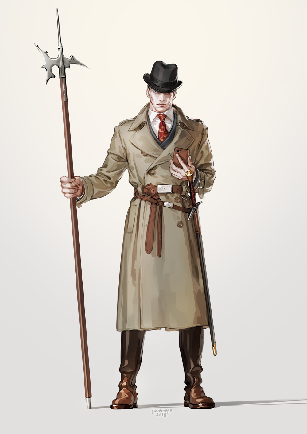 artist_name belt black_hat black_pants blue_eyes brown_coat brown_footwear cellphone closed_mouth coat dated full_body gradient gradient_background grey_background halberd hat highres holding holding_phone holding_weapon jane_mere lips long_sleeves looking_at_viewer male_focus necktie original pants phone polearm red_neckwear shadow sheath sheathed shoes smartphone solo standing sword weapon wing_collar