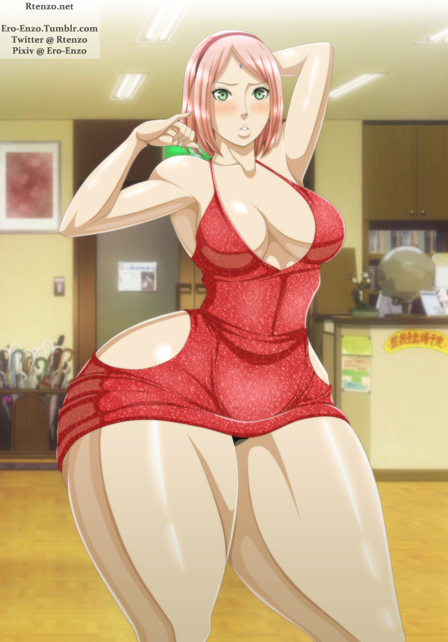 1girl blush breasts curvy dress full-face_blush green_eyes haruno_sakura highres large_breasts naruto naruto_(series) pink_hair red_dress rtenzo short_hair shounen_jump solo thick_thighs thighs wide_hips