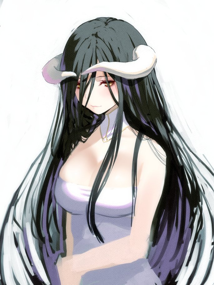 albedo bare_arms bare_shoulders breasts closed_mouth commentary demon_horns dress eyeshadow hair_between_eyes horns large_breasts long_hair looking_at_viewer makeup overlord_(maruyama) simple_background sketch smile solo very_long_hair white_background white_dress yasuyuki yellow_eyes