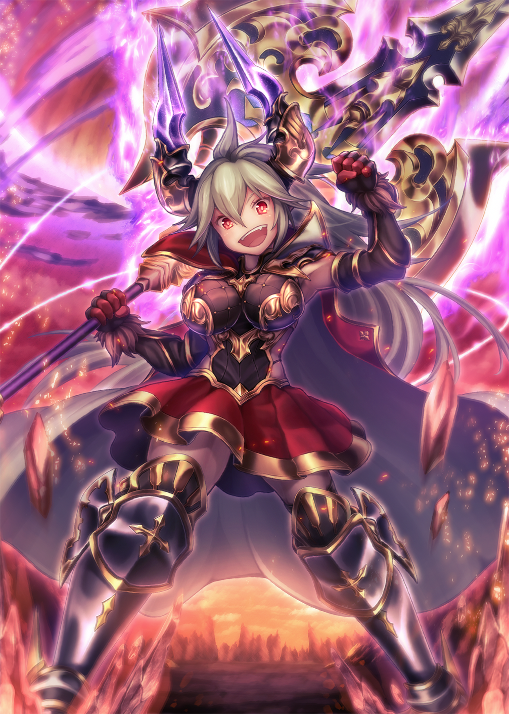 1girl :d armor armored_boots armored_dress axe breastplate breasts cape doraf elbow_gloves energy fang full_body fur-trimmed_gloves gloves granblue_fantasy grey_hair hair_between_eyes highres holding_weapon horns large_breasts long_hair open_mouth polearm poroze red_eyes sarasa_(granblue_fantasy) skirt smile solo standing teeth thighs weapon