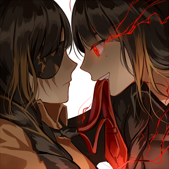 bangs biting biting_clothes black_hair blonde_hair braid dark_persona dual_persona energy eyepatch girls_frontline grin leaning_forward long_hair m16a1_(girls_frontline) mole mole_under_eye multicolored_hair multiple_girls necktie necktie_on_mouth red_eyes scar scar_across_eye silence_girl simple_background smile streaked_hair wall_slam