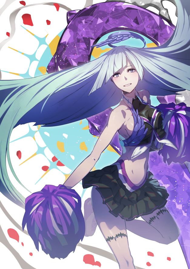 bare_shoulders black_skirt blue_hair blush breasts brynhildr_(fate) cheer_for_master cheerleader crop_top fate/grand_order fate/prototype fate/prototype:_fragments_of_blue_and_silver fate_(series) headgear heart long_hair looking_at_viewer medium_breasts navel pom_poms purple_eyes rano skirt smile solo very_long_hair