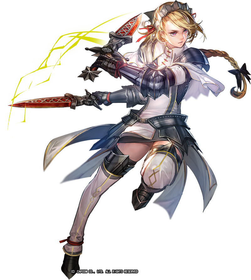 armor bangs blonde_hair boots braid dual_wielding full_body gauntlets hair_ribbon headdress holding holding_sword holding_weapon liduke metal_boots monster_hunter official_art parted_lips pink_eyes plate_armor red_ribbon ribbon short_sword shoulder_armor simple_background single_braid solo spaulders standing standing_on_one_leg sword tress_ribbon watermark weapon white_background