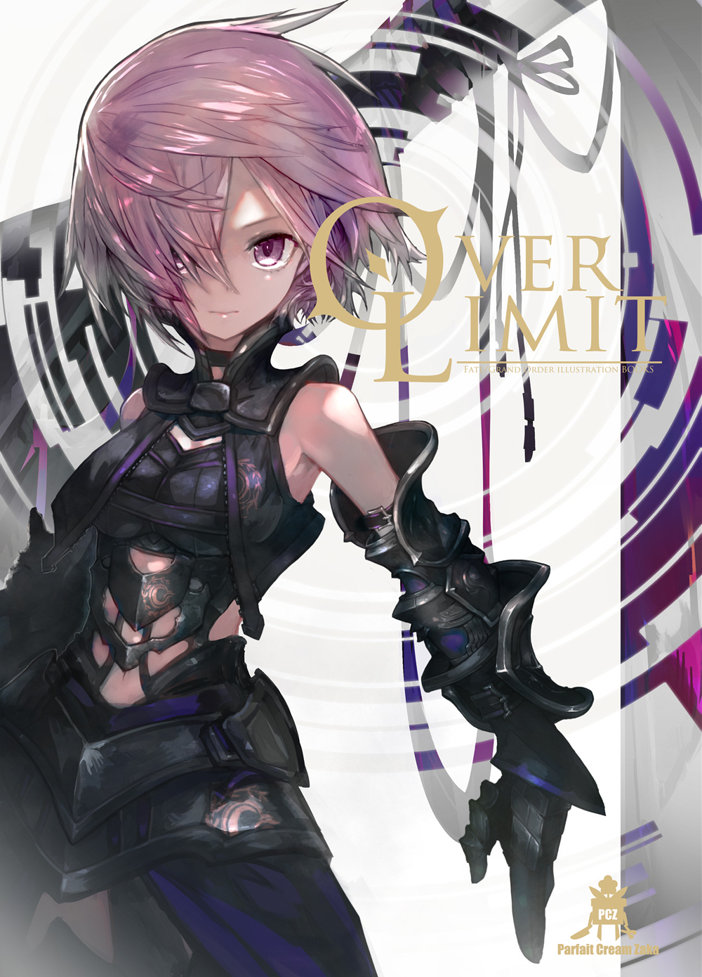 armor bangs bare_shoulders belt belt_buckle black_armor black_belt black_choker black_legwear breasts buckle choker closed_mouth cover cover_page cowboy_shot doujin_cover eyebrows fate/grand_order fate_(series) gauntlets hair_between_eyes hair_over_one_eye highres kusakanmuri legs_apart looking_at_viewer mash_kyrielight medium_breasts navel purple_eyes purple_hair shield short_hair solo standing stomach text_focus thighhighs unzipped zettai_ryouiki zipper