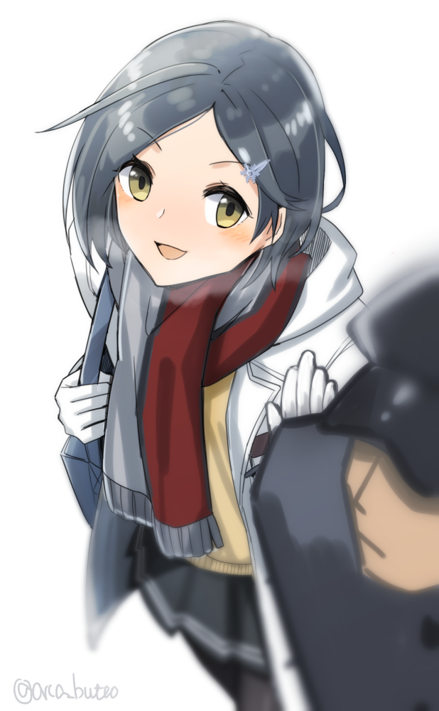 1girl admiral_(kantai_collection) bag black_hair black_hat black_legwear black_skirt blurry blush breath brown_eyes depth_of_field eyebrows_visible_through_hair gloves grey_scarf hair_ornament hairclip hand_up hat hood hood_down kantai_collection kuroshio_(kantai_collection) looking_at_viewer looking_to_the_side open_mouth pantyhose patting pleated_skirt red_scarf scarf short_hair shoulder_bag simple_background skirt snowflake_hair_ornament solo_focus twitter_username white_background white_coat white_gloves yamashiki_(orca_buteo)