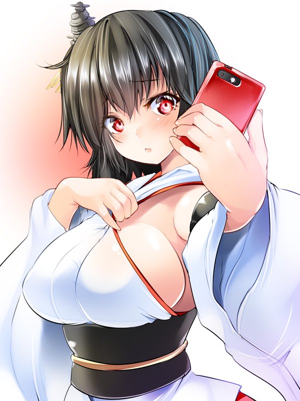 black_hair breasts cellphone detached_sleeves hair_ornament headgear japanese_clothes kantai_collection large_breasts maki_(seventh_heaven_maxion) nontraditional_miko phone red_eyes short_hair sideboob smartphone solo wide_sleeves yamashiro_(kantai_collection)