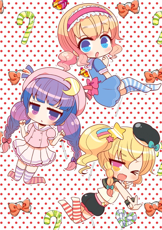 &gt;_o :o ;d alice_margatroid bangs beret black_hat black_shorts blonde_hair blouse blue_dress blue_eyes blunt_bangs blush bow braid candy candy_cane chibi commentary_request crescent dress eyebrows_visible_through_hair fang food frilled_hairband frills hair_between_eyes hair_ornament hairband hat heart kirisame_marisa kneeling long_hair low_twintails marshmallow_mille mini_hat multiple_girls no_shoes one_eye_closed open_mouth orange_bow parted_lips patchouli_knowledge pink_blouse pink_bow pink_hairband pink_hat pleated_skirt polka_dot polka_dot_background puffy_short_sleeves puffy_shorts puffy_sleeves purple_eyes purple_hair sailor_dress school_uniform serafuku shirt short_sleeves shorts side_braid side_ponytail skirt sleeveless sleeveless_shirt smile star star_hair_ornament striped striped_legwear thighhighs touhou twin_braids twintails v v-shaped_eyebrows very_long_hair white_background white_shirt white_skirt wrist_cuffs