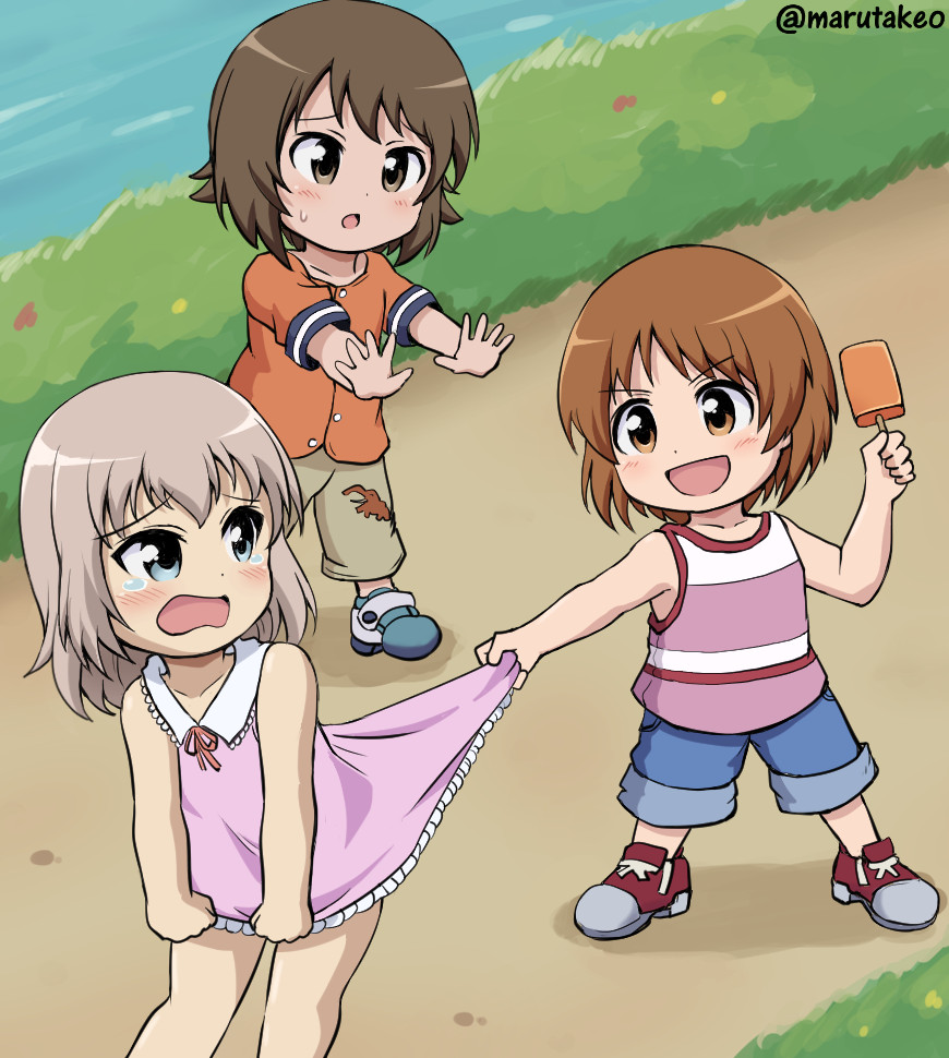 :d :o bangs blue_footwear blue_shorts brown_hair brown_pants collared_dress commentary cross-laced_footwear day denim denim_shorts dress dress_lift dress_tug eyebrows_visible_through_hair food frilled_dress frills frown girls_und_panzer holding holding_food itsumi_erika lifted_by_another long_hair looking_at_another looking_back maru_takeo multiple_girls neck_ribbon nishizumi_maho nishizumi_miho open_mouth orange_shirt outdoors pants pink_dress pink_shirt popsicle red_footwear red_neckwear ribbon shirt short_dress short_hair short_sleeves shorts silver_hair sleeveless sleeveless_dress smile standing sweatdrop tank_top tearing_up twitter_username v-shaped_eyebrows wavy_mouth younger