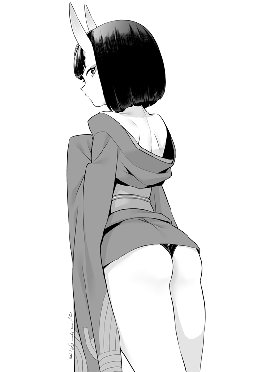 ass back bangs bare_shoulders eyeshadow fate/grand_order fate_(series) greyscale horns japanese_clothes kimono looking_at_viewer looking_back makeup monochrome obi off_shoulder oni oni_horns sash shiromako short_hair short_kimono shuten_douji_(fate/grand_order) simple_background solo twitter_username white_background