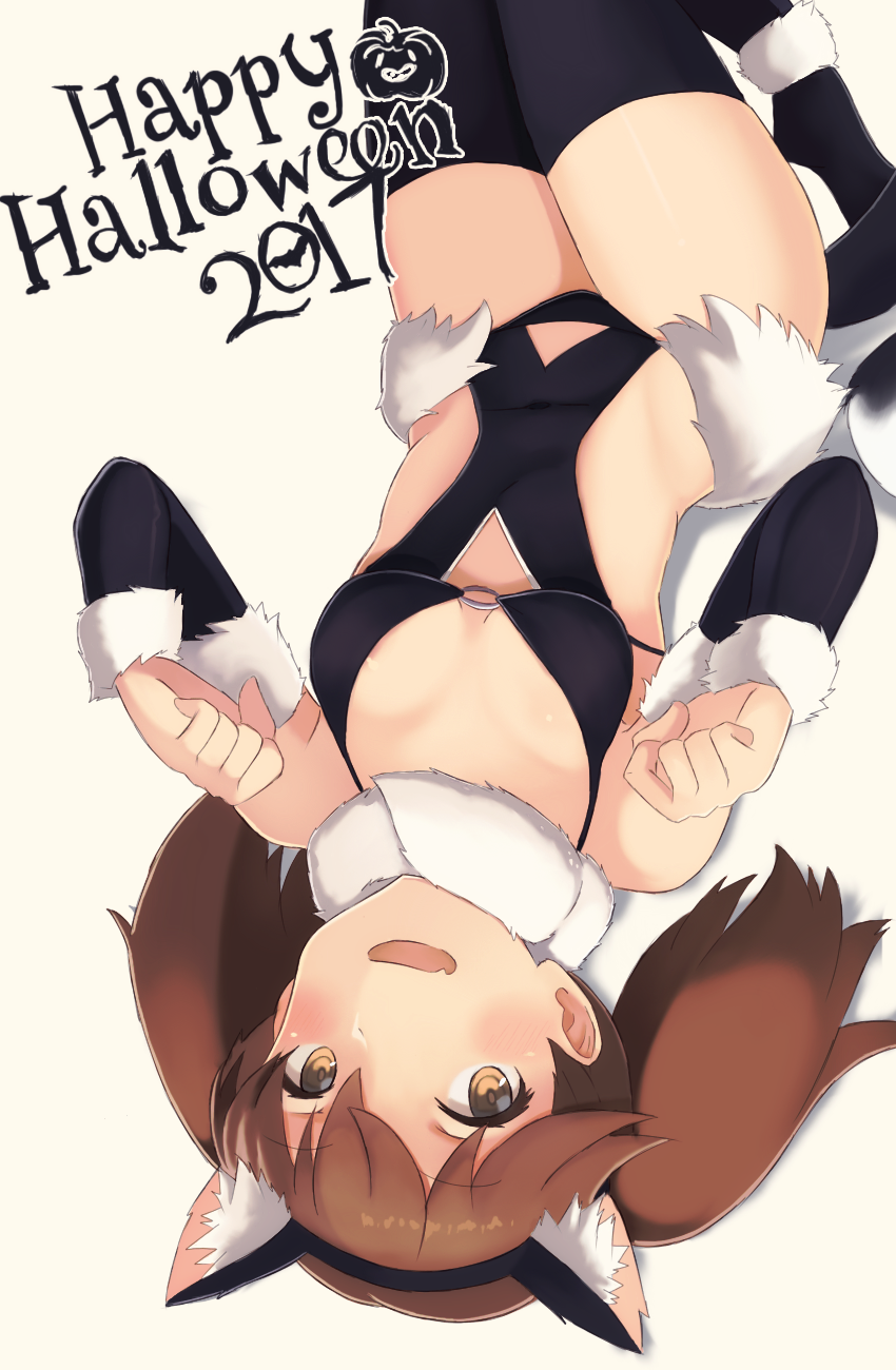 2017 animal_ears black_legwear black_swimsuit blush brown_eyes brown_hair cat_ears covered_navel detached_sleeves eyebrows_visible_through_hair fake_animal_ears fang fur_trim hairband halloween happy_halloween highres kantai_collection looking_at_viewer lying o-ring o-ring_top on_back open_mouth ryuujou_(kantai_collection) smile solo sonzai_soumei swimsuit thighhighs twintails