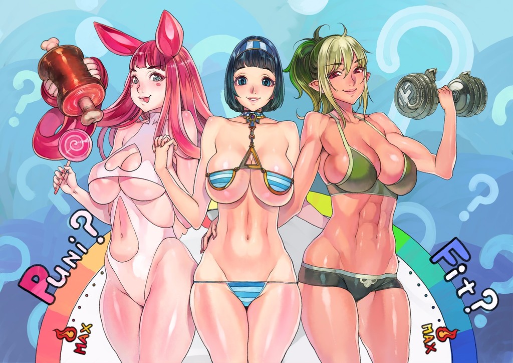 +_+ 3girls abs animal_ears blue_eyes blush_stickers bob_cut breasts bunny_ears dumbbell echidna f.s. goo_girl hairband hand_holding hand_on_another's_hip large_breasts long_hair meat melona menace micro_bikini monster_girl multicolored_hair multiple_girls pink_hair pointy_ears prehensile_hair queen's_blade red_eyes revealing_clothes short_hair sideboob swimsuit toned underboob