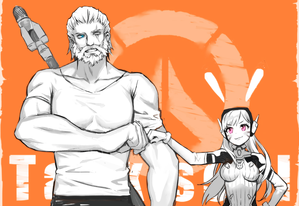 1girl alternate_eye_color animal_print arm_at_side bangs beard blue_eyes bodysuit breasts bunny_print casual collarbone covered_navel d.va_(overwatch) facepaint facial_hair facial_mark fist_bump gloves grin hand_on_hip headphones high_collar lino_chang logo long_hair looking_at_another manly medium_breasts multiple_monochrome muscle orange_background overwatch parted_lips pilot_suit pink_eyes reinhardt_(overwatch) ribbed_bodysuit shirt shoulder_pads sketch skin_tight smile spot_color swept_bangs t-shirt upper_body whisker_markings