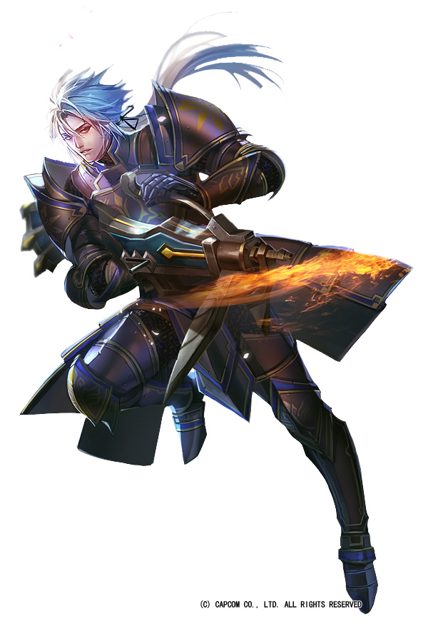 armor blue_hair boots bow_(weapon) crossbow fire full_body gauntlets holding holding_weapon liduke long_hair looking_at_viewer male_focus monster_hunter official_art parted_lips pauldrons plate_armor ponytail red_eyes simple_background solo standing standing_on_one_leg watermark weapon white_background