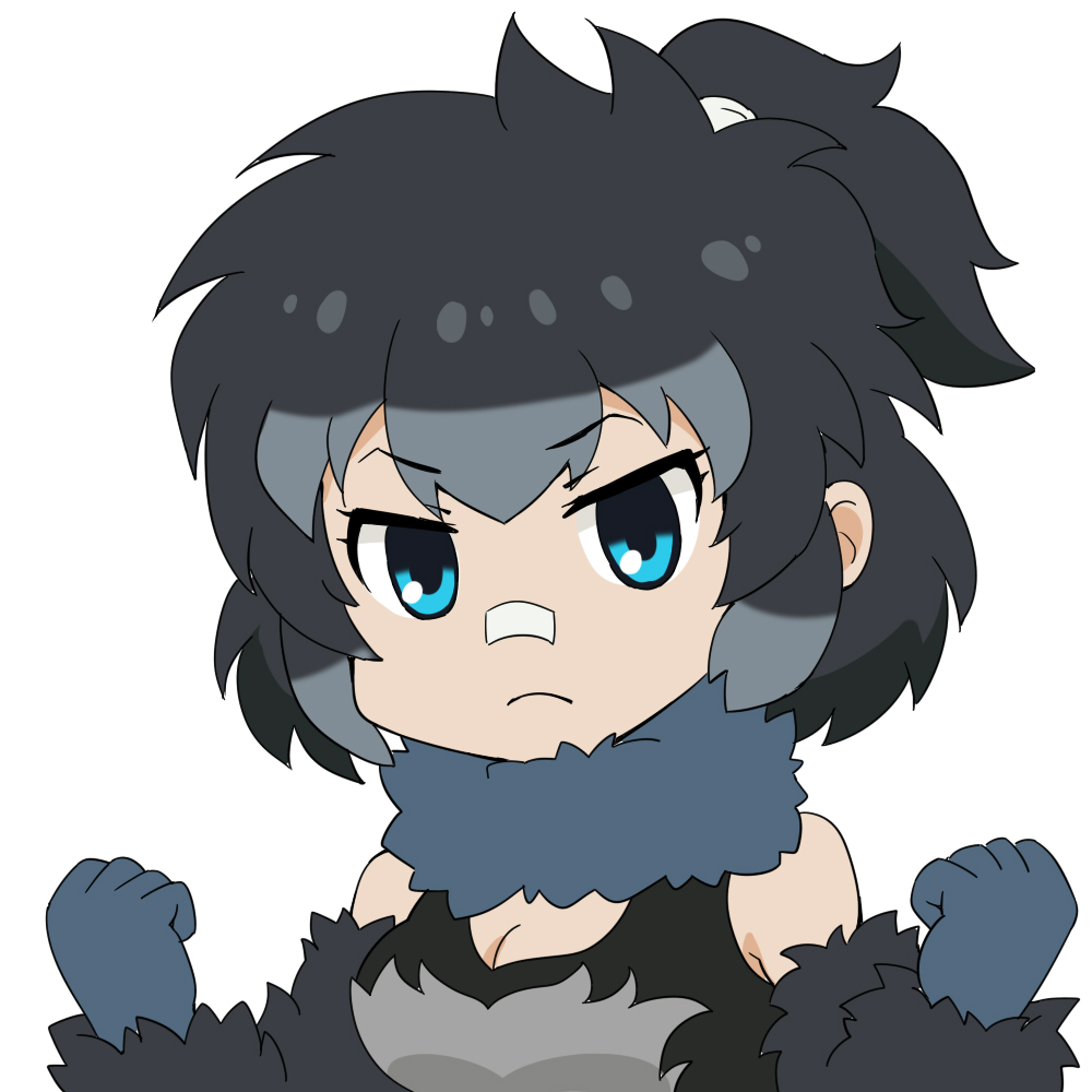 bandaid bandaid_on_nose bare_shoulders blue_eyes breasts cleavage commentary_request eyebrows_visible_through_hair fur_collar fur_trim gloves gorilla_(kemono_friends) kemono_friends kisachi multicolored multicolored_clothes multicolored_hair