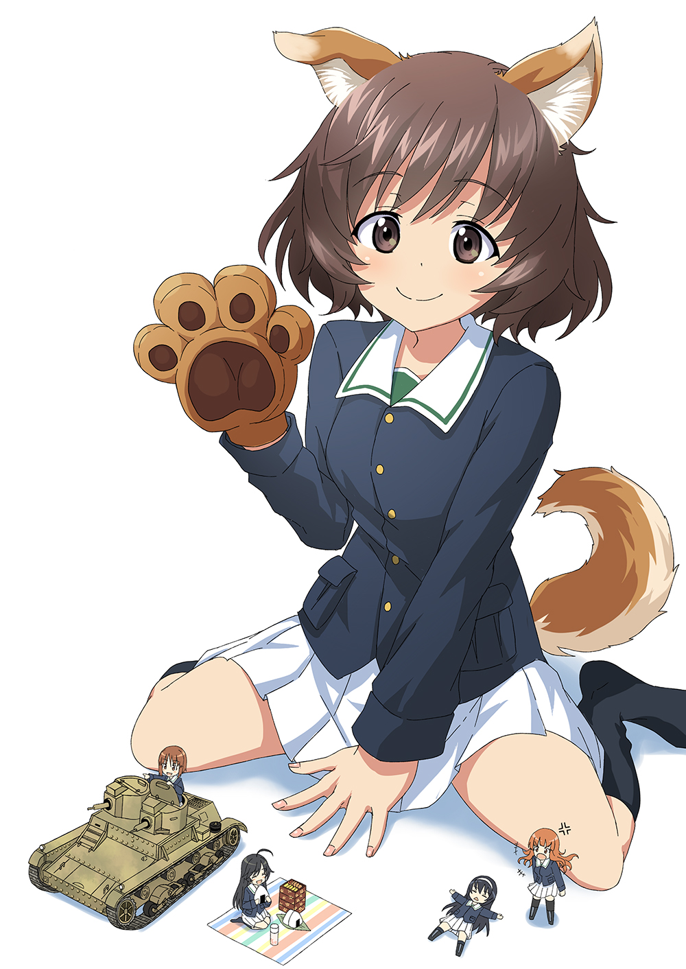 7tp ahoge akiyama_yukari anger_vein angry animal_ears arm_support bangs black_footwear black_hair black_legwear blue_jacket boots brown_eyes brown_hair caterpillar_tracks closed_eyes closed_mouth dog_ears dog_tail eyebrows_visible_through_hair food full_body girls_und_panzer gloves green_shirt ground_vehicle hairband highres holding holding_food isuzu_hana jacket kemonomimi_mode kuro_oolong long_sleeves looking_at_another looking_at_viewer lying messy_hair military military_uniform military_vehicle minigirl miniskirt motor_vehicle multiple_girls nishizumi_miho no_shoes obentou on_back onigiri ooarai_military_uniform open_mouth orange_hair paw_gloves paws picnic pleated_skirt pointing reizei_mako seiza shirt short_hair simple_background sitting size_difference skirt sleeping smile socks tail takebe_saori tank thermos uniform wariza waving white_background white_hairband white_skirt