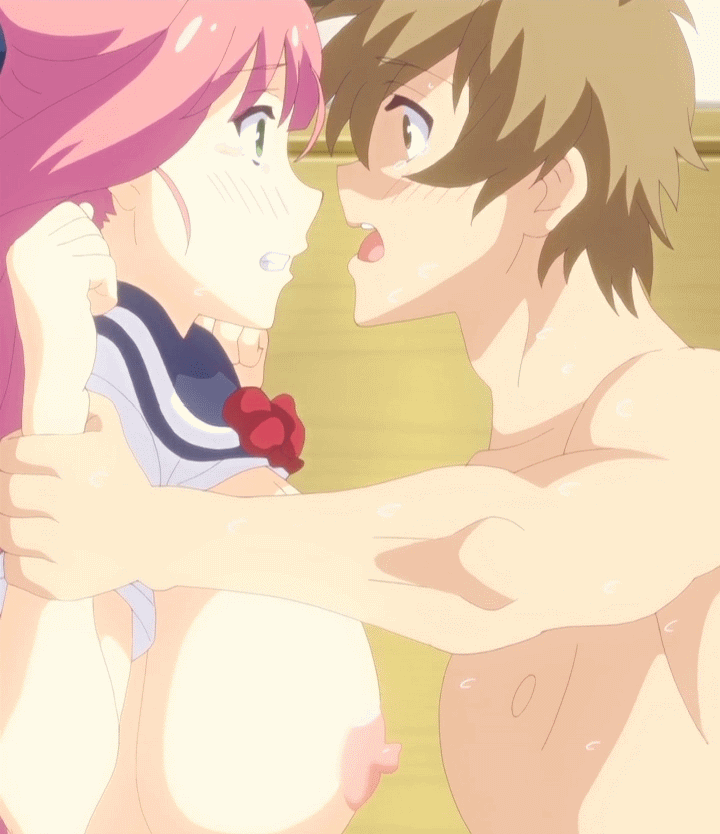 10s 1boy 1girl animated animated_gif baku_ane_otouto_shibocchau_zo! bed bottomless breasts censored clothed_female_nude_male eye_contact female green_eyes hetero large_breasts lying missionary nipples no_panties pink_hair pink_pineapple sex shirt_lift skirt stitched sweat vaginal wrist_grab