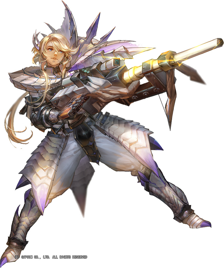 bangs belt blonde_hair blue_eyes boots faulds full_body gauntlets glint gun holding holding_gun holding_weapon legs_apart liduke long_hair monster_hunter official_art parted_lips pauldrons rifle simple_background smile solo standing watermark weapon white_background