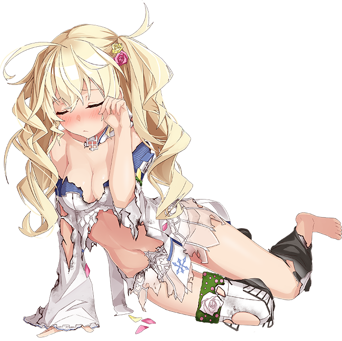 ahoge bare_shoulders blonde_hair blush breasts chateau_d'usse_(oshiro_project) cleavage closed_eyes flower full_body hair_flower hair_ornament hand_on_own_face long_hair lying medium_breasts midriff navel official_art on_side oshiro_project oshiro_project_re petals takanashi_kei_(hitsujikan) torn_clothes transparent_background wavy_hair