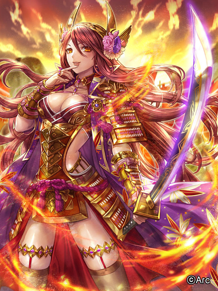 armor bangs belt box_(hotpppink) breasts brown_belt brown_hair brown_legwear cleavage cloud cloudy_sky coat collarbone commentary_request company_name evening eyebrows_visible_through_hair finger_to_mouth fire floating_hair floral_print flower gem glowing glowing_sword glowing_weapon gold_armor gradient_sky hair_between_eyes hair_flower hair_ornament hairband head_wings high_collar highres holding holding_sword holding_weapon horned_headwear japanese_armor jewelry katana kusazuri legs_apart long_hair looking_at_viewer medium_breasts nail_polish official_art open_clothes open_coat orange_eyes orange_sky outdoors parted_lips pendant pink_flower pink_nails pink_ribbon print_coat purple_coat pyrokinesis ribbon ring rope sengoku_kishin_valkyrie shimenawa shiny shiny_skin shoulder_armor sky sleeveless_coat smile sode solo standing sunset swept_bangs sword tassel thigh_strap thighhighs tiara vambraces very_long_hair weapon wind winged_hairband yellow_sky