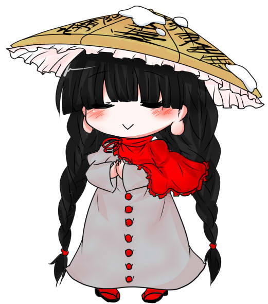 :&gt; =_= ajirogasa black_footwear blush braid brown_hat buttons buuwa capelet chibi closed_eyes closed_mouth clothes_writing dress frilled_capelet frilled_hat frills full_body geta grey_dress hands_together hat legs_apart long_hair long_sleeves no_nose pigeon-toed red_capelet red_legwear red_ribbon ribbon simple_background snow solo standing touhou twin_braids very_long_hair white_background wide_sleeves yatadera_narumi