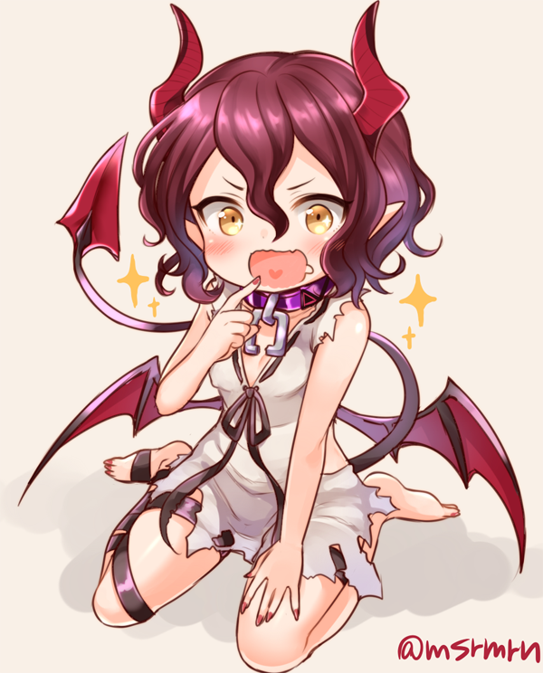 1girl :d bangs bare_arms bare_shoulders barefoot black_ribbon blush breasts brown_background brown_eyes chain collar covered_nipples demon_girl demon_horns demon_tail demon_wings dress drooling fang finger_to_mouth full_body hair_between_eyes hand_on_leg heart heart_in_mouth horns looking_at_viewer lucy_malebolge marshmallow_mille nail_polish open_mouth pointing pointing_at_self pointy_ears purple_collar purple_hair red_nails ribbon ribbon-trimmed_dress saliva shironeko_project short_hair simple_background sitting sleeveless sleeveless_dress small_breasts smile solo sparkle tail tail_raised toenail_polish torn_clothes torn_dress twitter_username v-shaped_eyebrows wariza wavy_mouth white_dress wings