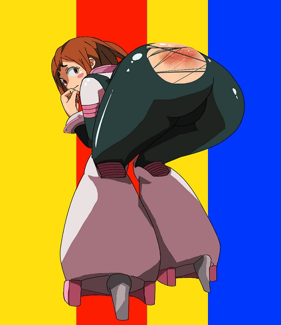 1girl artist_request ass bent_over blush blush_stickers bodysuit boku_no_hero_academia boots brown_eyes brown_hair curvy female from_behind hips huge_ass looking_at_viewer looking_back red_ass shiny shiny_clothes shiny_skin short_hair skin_tight solo spanked thick_thighs thighs tight_suit torn_clothes uraraka_ochako wide_hips