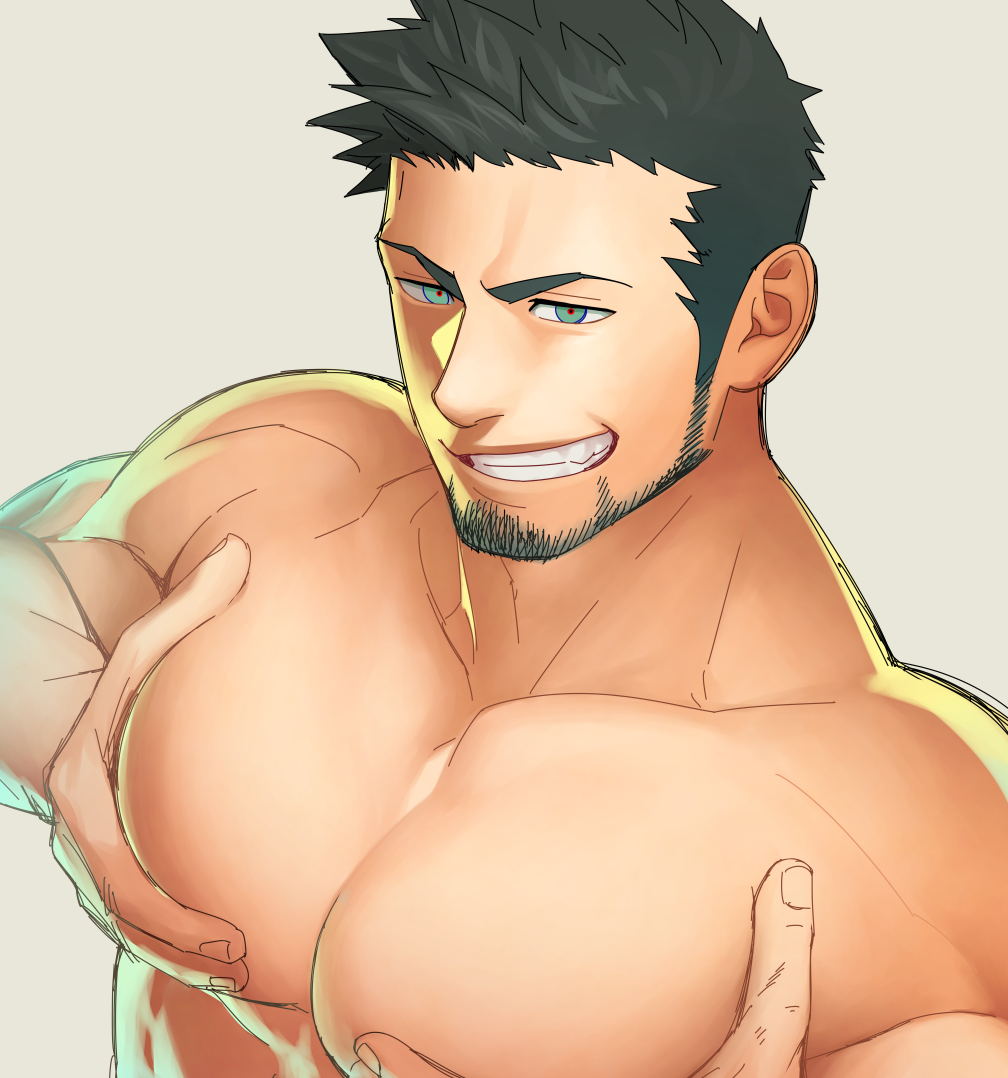 bara beard black_hair breast_hold breasts commentary_request facial_hair green_eyes grin itto_(mentaiko) looking_at_viewer male_focus muscle original pectorals priapus shirtless short_hair simple_background smile teeth upper_body