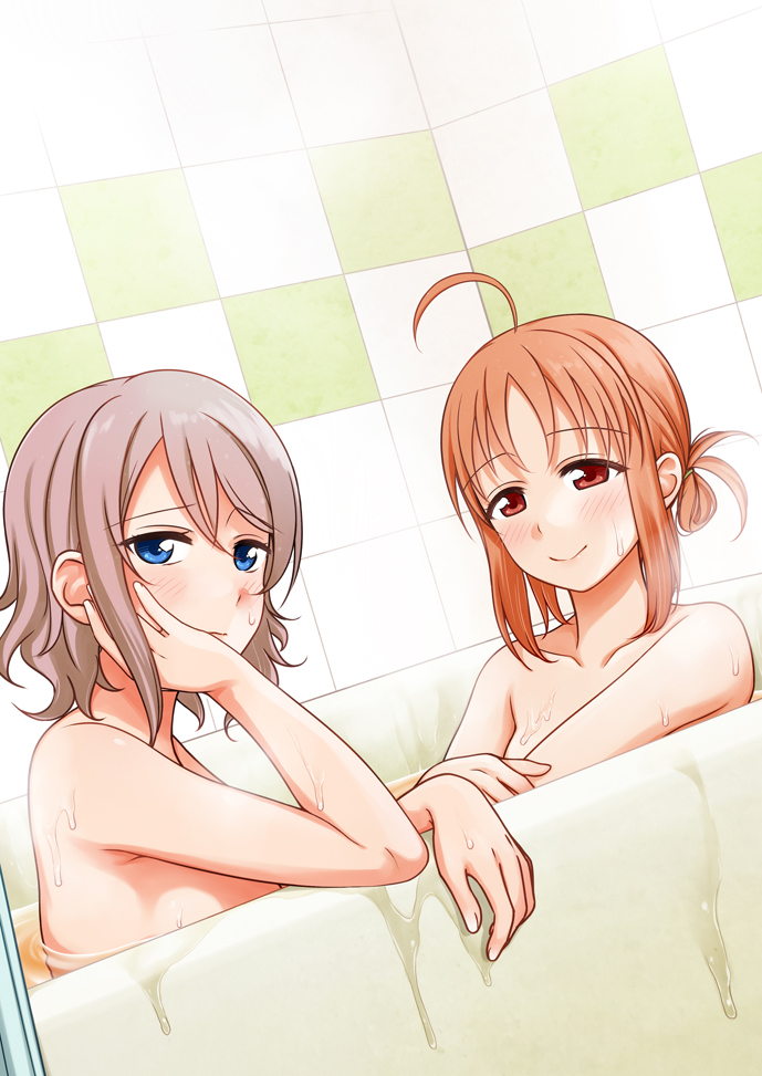 ahoge bangs bath bathing bathtub blue_eyes blush chin_rest commentary_request convenient_arm dutch_angle grey_hair hair_bun half-closed_eyes hand_on_own_cheek looking_at_another looking_at_viewer love_live! love_live!_sunshine!! multiple_girls nude orange_hair red_eyes shared_bathing short_hair smile suzume_miku takami_chika tile_wall tiles watanabe_you wet