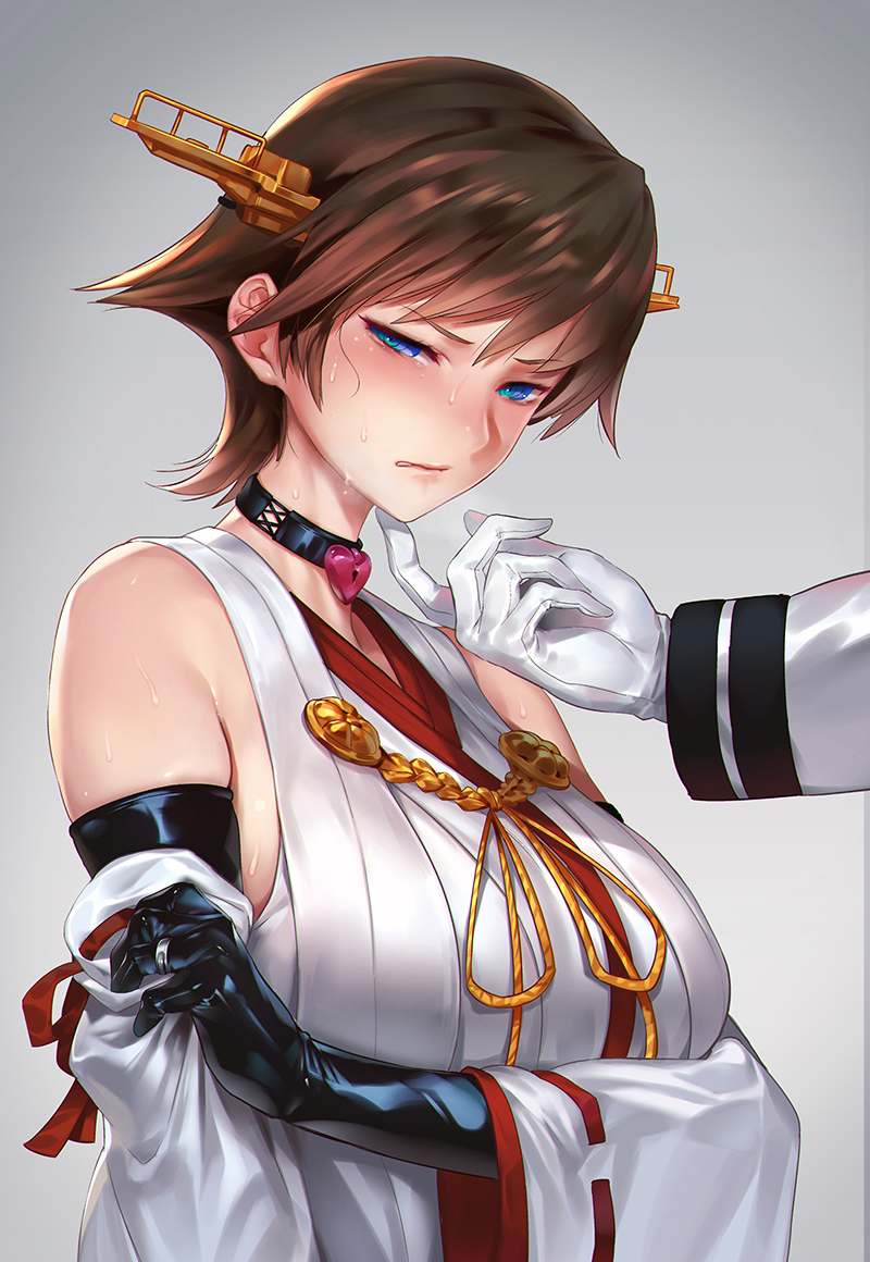 admiral_(kantai_collection) bacius bare_shoulders black_gloves blue_eyes blush breasts brown_hair collar detached_sleeves elbow_gloves embarrassed eyebrows_visible_through_hair gloves gold_trim hair_strand hairband half-closed_eyes head_out_of_frame heart_lock_(kantai_collection) hiei_(kantai_collection) jewelry kantai_collection large_breasts looking_away nontraditional_miko nose_blush ribbon-trimmed_sleeves ribbon_trim ring shiny shiny_clothes short_hair simple_background single_horizontal_stripe skindentation solo_focus sweat upper_body wedding_band white_gloves