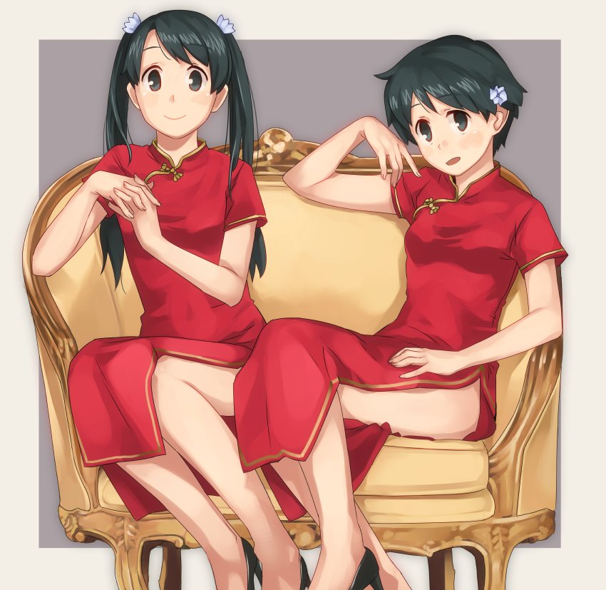 black_eyes black_footwear black_hair breasts china_dress chinese_clothes couch dress hands_clasped high_heels kantai_collection long_hair looking_at_viewer makio_(makiomeigenbot) mikuma_(kantai_collection) mogami_(kantai_collection) multiple_girls own_hands_together red_dress short_hair sitting small_breasts smile twintails