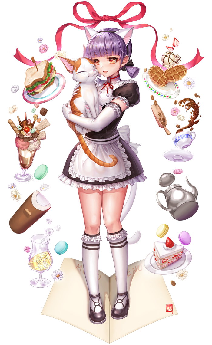 :d animal animal_ears animal_hug apron artist_logo bangs black_dress black_footwear blunt_bangs box_(hotpppink) cake cat cat_ears cereal charlotte_(cyphers) cheese chocolate closed_eyes coffee coffee_beans commentary cup cyphers daisy dress drink drinking_glass elbow_gloves eyebrows_visible_through_hair fake_animal_ears flower food frilled_dress frilled_sleeves frills fruit full_body gloves ham holding holding_animal holding_cat ice ice_cream ice_cube kettle kneehighs lettuce looking_away macaron maid menu neck_ribbon open_mouth orange_eyes pink_flower plate pocky puffy_short_sleeves puffy_sleeves purple_hair red_ribbon ribbon sandwich shiny shiny_hair shoes short_dress short_hair short_sleeves short_twintails simple_background smile standing strawberry teacup tomato twintails wafer wafer_stick waffle waist_apron white_apron white_background white_flower white_gloves white_legwear