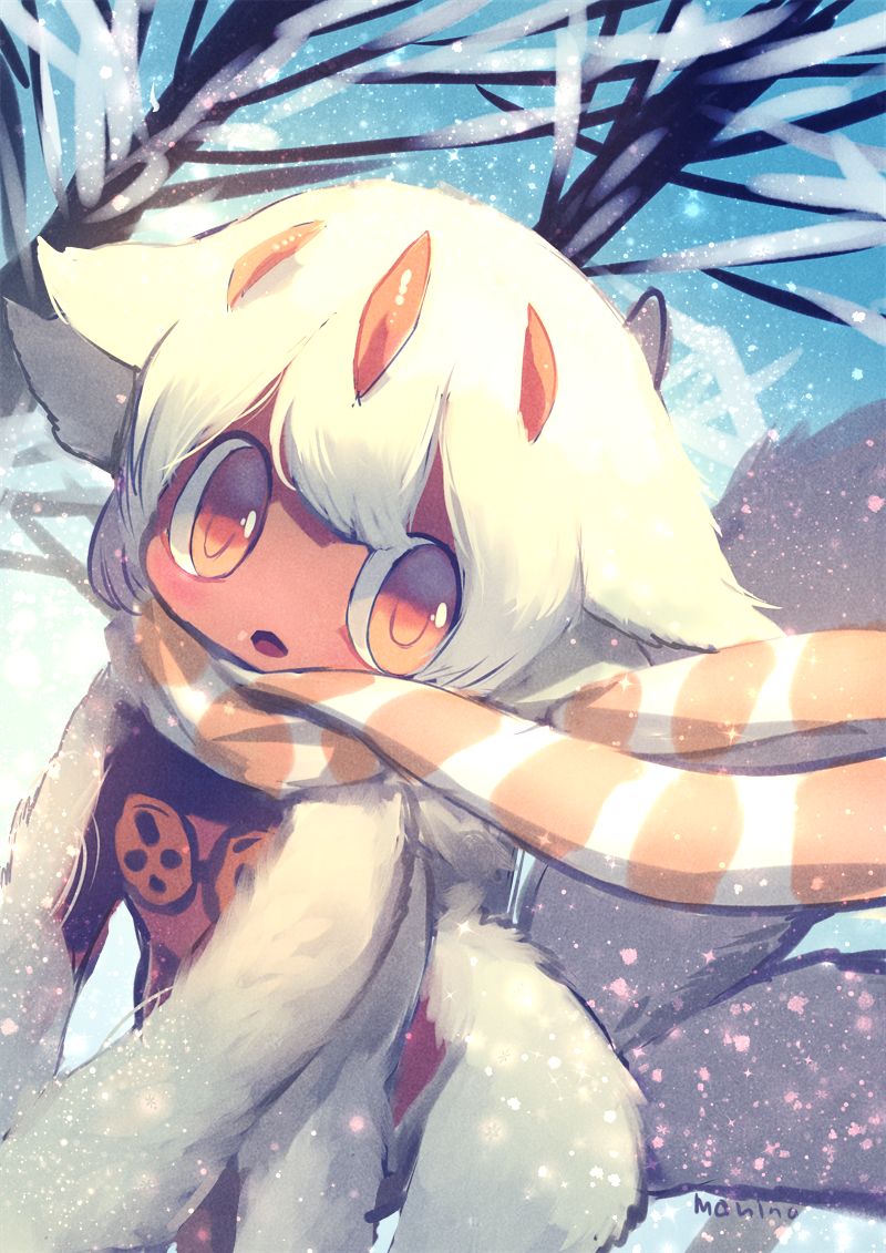 :o animal_ears artist_name bangs commentary_request day faputa fewer_digits fur hair_flaps looking_at_viewer made_in_abyss manino_(mofuritaionaka) monster_girl multiple_arms multiple_tails orange_eyes outdoors scarf short_hair signature snow snowing solo tail white_hair