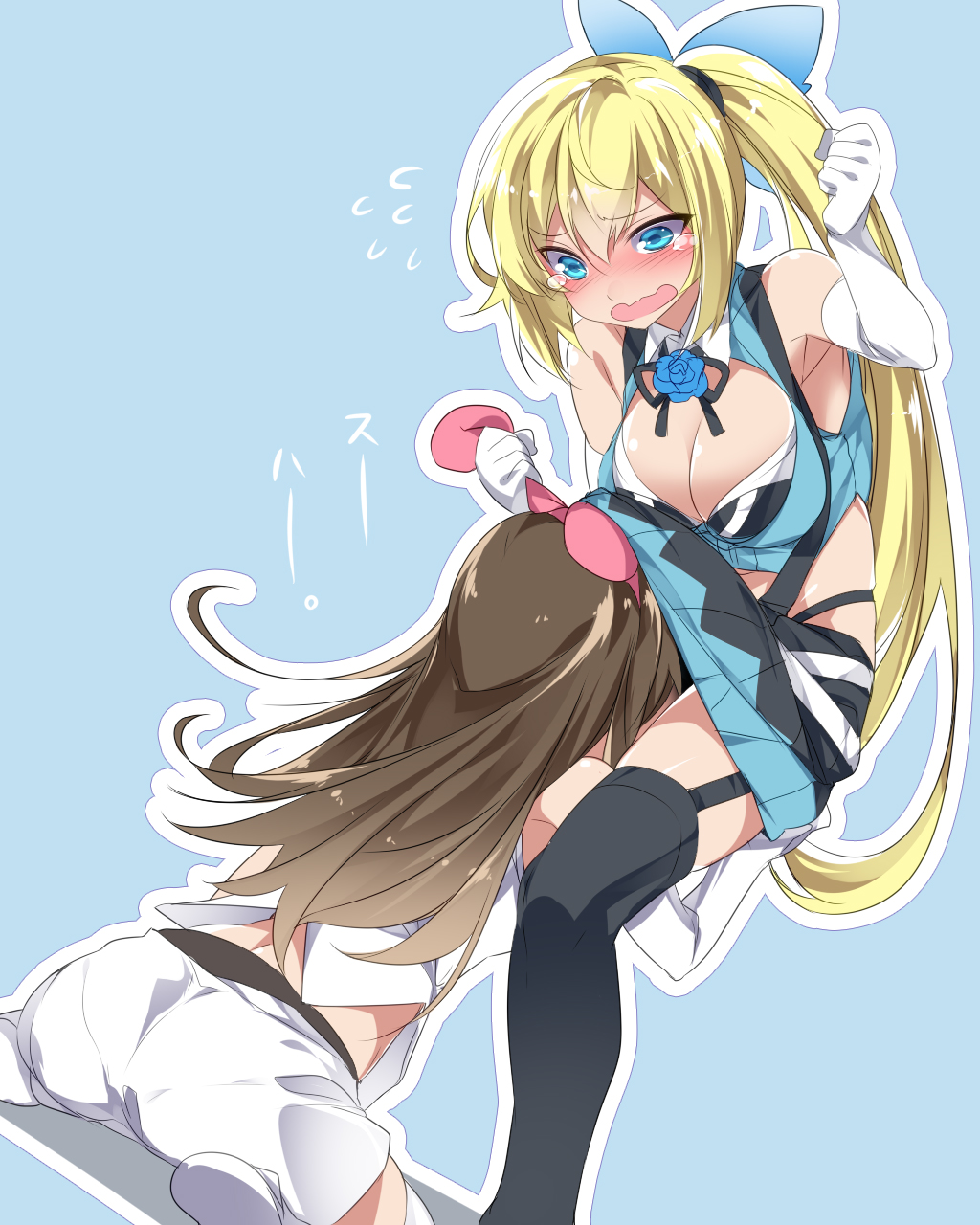 a.i._channel ass black_legwear blonde_hair blue_background blue_flower blue_rose blush bow breasts brown_hair cleavage commentary crossover cunnilingus elbow_gloves embarrassed flower flying_sweatdrops garter_straps gloves hair_ornament head_under_skirt highres kizuna_ai kneeling large_bow large_breasts long_hair midriff mirai_akari mirai_akari_project mtu_(orewamuzituda) multiple_girls oral pantylines pink_ribbon ribbon rose sitting thighhighs under_skirt virtual_youtuber wariza wavy_mouth white_gloves white_legwear yuri