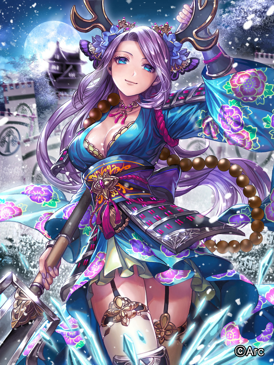 arm_up armor banner beads black_armor blue_eyes blue_flower blue_kimono box_(hotpppink) bra breasts building bush butterfly_hair_ornament choker closed_mouth cloud collarbone commentary_request company_name cyrokinesis fake_antlers family_crest floating_hair floral_print flower full_moon garter_straps gem hair_flower hair_ornament highres holding holding_spear holding_weapon ice japanese_armor japanese_clothes kimono kimono_skirt kusazuri large_breasts long_hair long_sleeves looking_at_viewer moon nail_polish night night_sky obi official_art outdoors polearm prayer_beads print_kimono print_obi purple_hair purple_nails rope sash sengoku_kishin_valkyrie shimenawa shoulder_armor sky smile snow snowing sode solo spear standing thighhighs tree underwear vambraces very_long_hair weapon white_legwear wide_sleeves
