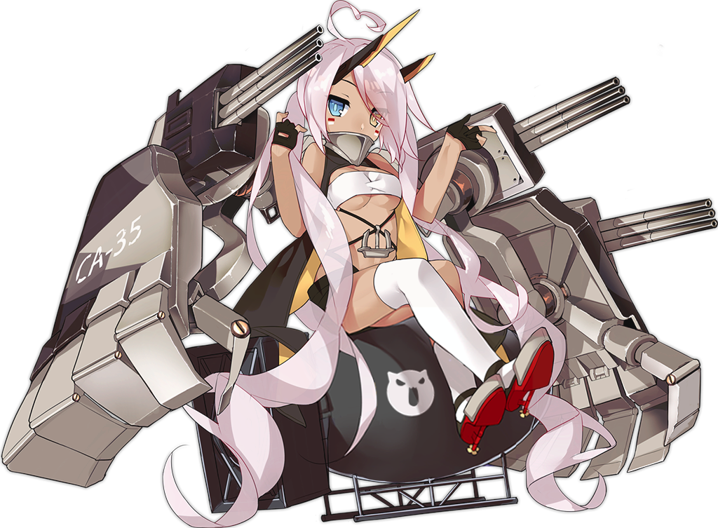 \m/ absurdly_long_hair ahoge asymmetrical_legwear azur_lane bare_shoulders black_gloves black_shorts blue_eyes bomb breasts cleavage covered_mouth crossed_legs dark_skin dot_nose eyebrows eyebrows_visible_through_hair eyes_visible_through_hair facepaint fingernails full_body gloves grey_footwear headgear heterochromia index_finger_raised indianapolis_(azur_lane) long_hair looking_away looking_to_the_side machinery mechanical_arms midriff nuclear_weapon official_art over-kneehighs palms partly_fingerless_gloves pink_hair rudder_shoes saru see-through short_shorts shorts single_thighhigh sitting small_breasts solo strapless tachi-e thighhighs transparent_background tsurime tubetop turret turtleneck twintails underboob very_long_hair white_legwear yellow_eyes