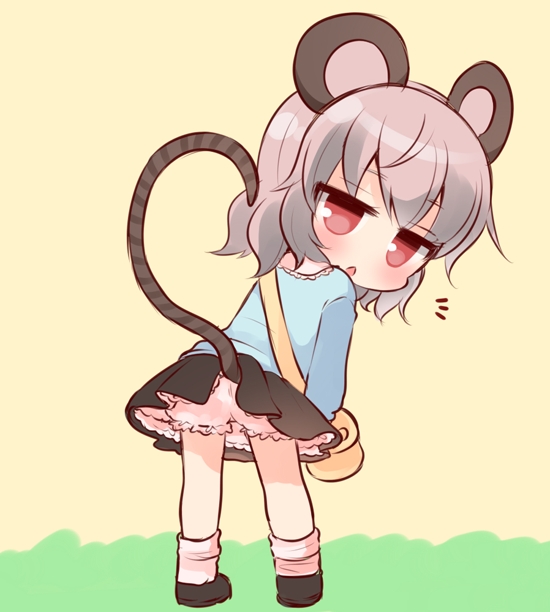 :o animal_ears bag bangs black_footwear black_skirt bloomers blue_shirt blush eyebrows_visible_through_hair full_body grey_hair kindergarten_bag kindergarten_uniform leaning_forward long_sleeves looking_at_viewer looking_back marshmallow_mille mouse_ears mouse_girl mouse_tail nazrin parted_lips red_eyes shirt shoes skirt socks solo standing striped_tail tail tail_raised touhou underwear white_bloomers white_legwear yellow_background younger