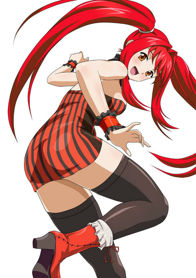 1girl ass bare_shoulders black_legwear boots breasts brown_eyes curvy dress happy hips ikkitousen kanpei large_ass long_hair looking_at_viewer looking_back medium_breasts open_mouth red_boots red_hair sideboob simple_background smile solo striped_clothes striped_dress tagme thighhighs thighs tongue_out twintails very_long_hair white_background