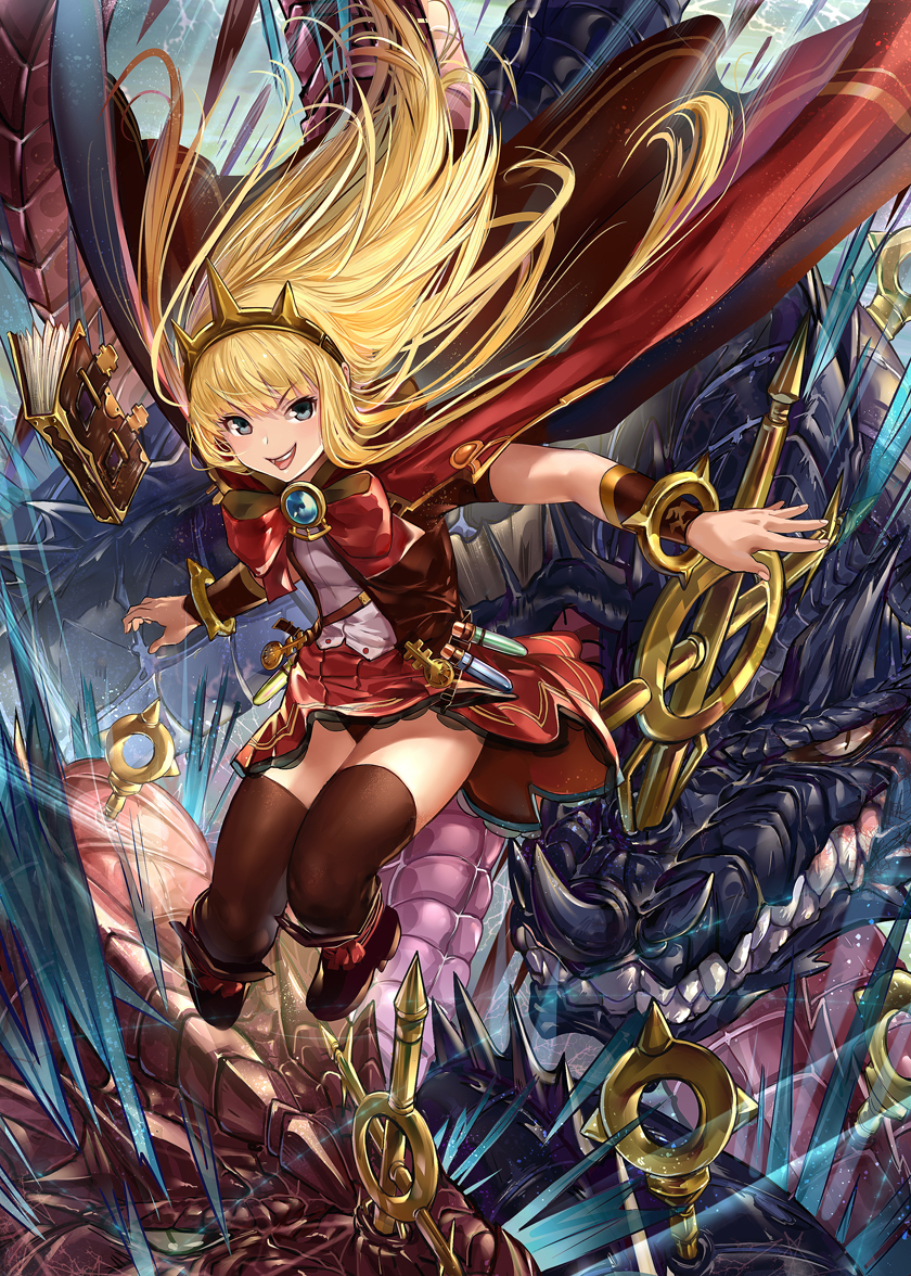 :d bangs black_legwear blonde_hair book boots bow bracer breasts cagliostro_(granblue_fantasy) cape commentary_request dragon fang_xue_jun granblue_fantasy hairband jumping long_hair looking_at_viewer open_mouth ouroboros_(granblue_fantasy) purple_eyes red_skirt skirt small_breasts smile solo spikes thighhighs tiara