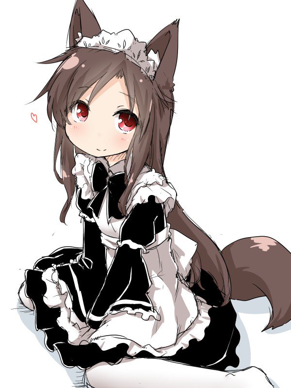 alternate_costume animal_ears apron black_dress brown_hair commentary_request dress enmaided heart imaizumi_kagerou long_hair looking_at_viewer maid maid_headdress natsu_no_koucha pantyhose red_eyes simple_background sitting smile solo tail touhou white_background white_legwear wolf_ears wolf_tail younger