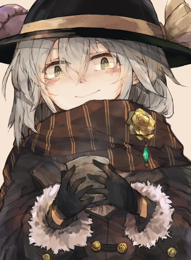 alternate_costume bad_id bad_pixiv_id banned_artist black_gloves black_hat closed_mouth cup emerald eyebrows_visible_through_hair flower fur_trim gloves gold_trim green_eyes hair_between_eyes hat hat_ribbon holding holding_cup jacket komeiji_koishi long_sleeves looking_at_viewer pinstripe_pattern ribbon rose scarf sepia silver_hair smile solo striped third_eye touhou upper_body yellow_flower yellow_ribbon yellow_rose zairen