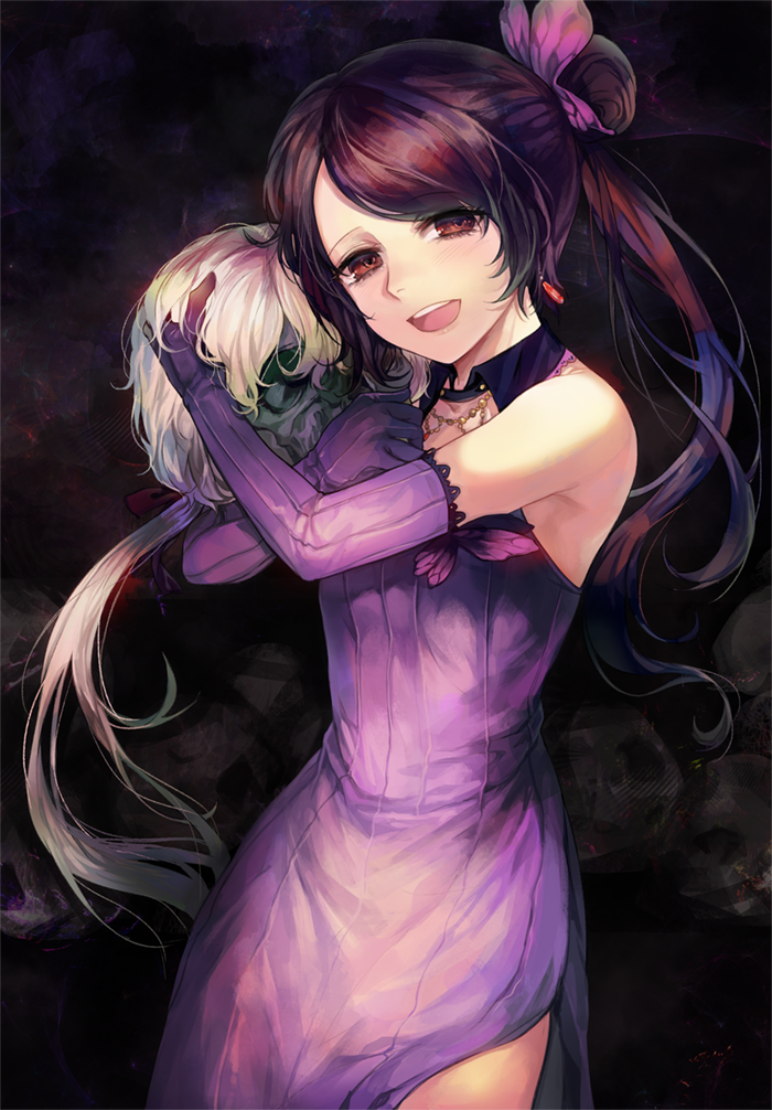bare_shoulders cocktail_dress dress elbow_gloves gijang gloves hair_ornament hiver_laurant jewelry long_dress long_hair looking_at_viewer michele_malebranche ponytail purple_dress red_dress red_eyes roman skull smile sound_horizon weapon
