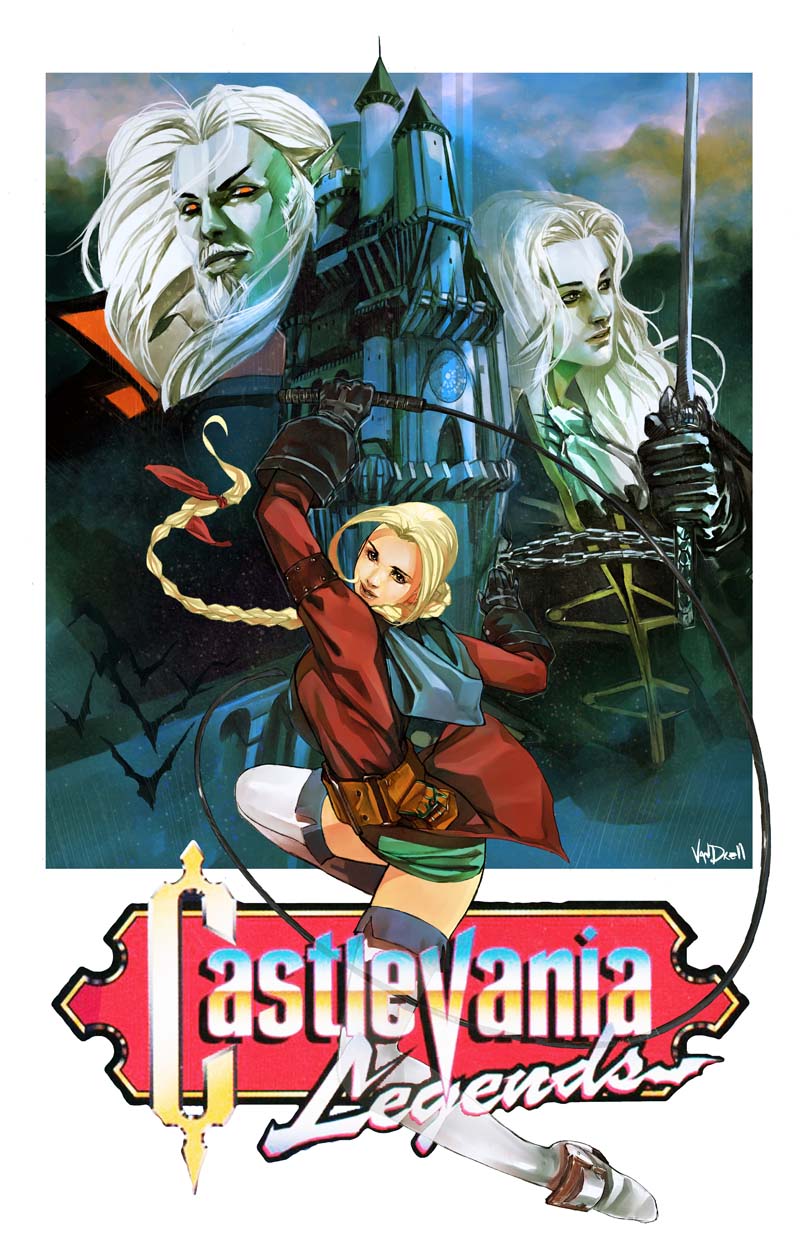 2boys alucard_(castlevania) arms_up artist_name bat belt belt_pouch black_gloves blonde_hair braid building castle castlevania castlevania_legends cloud coat copyright_name cross daniel_oduber dracula facial_hair fake_box_art flying forehead full_body gloves green_skirt hair_over_shoulder highres holding holding_sword holding_weapon jacket lips logo long_hair long_sleeves looking_at_viewer looking_back miniskirt multiple_boys mustache parted_lips pointy_ears ponytail pouch rain realistic red_coat red_eyes shorts signature single_braid skirt sonia_belmondo sword thighhighs very_long_hair video_game weapon whip white_hair white_legwear white_skin